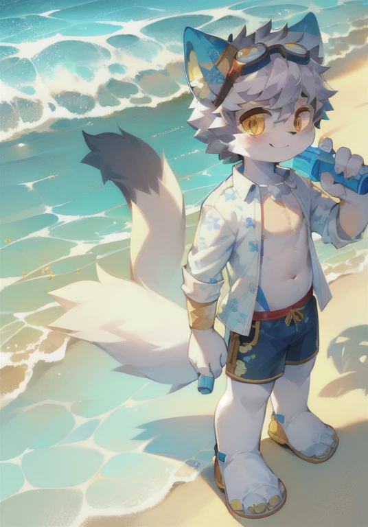 White male cat，Boys，Lovely，Q version，goggles，Big furry tail，Hairy mat，，Golden Eyes，，Detailed background，on the beach，Wearing a headscarf，Flowered shirt，Blue floral shorts，Sunlight，seaside，Water gun in hand，Smile happily，Silver Hair