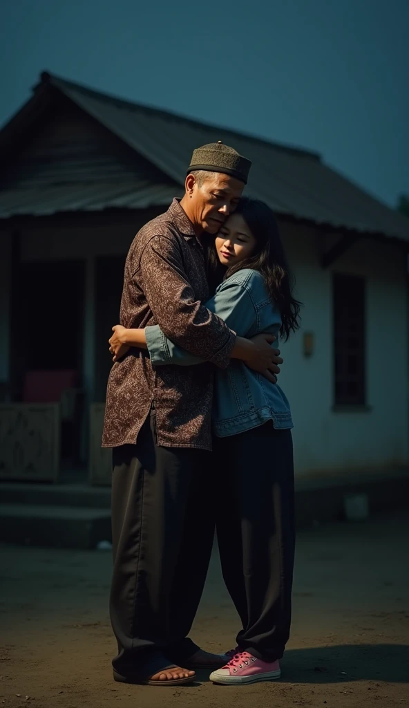 A 60 year old Indonesian man, wear a black Muslim cap, baju batik dan long pants, wearing leather shoes, sad face facing the camera while hugging beautiful Indonesian woman, fair skin, big nose, long wavy hair, wearing a denim jacket, long pants, wearing pink sneakers, sad face facing the camera, in front of the country house, in a beautiful afternoon, minimal defects, very detail, realistic, 8K picture