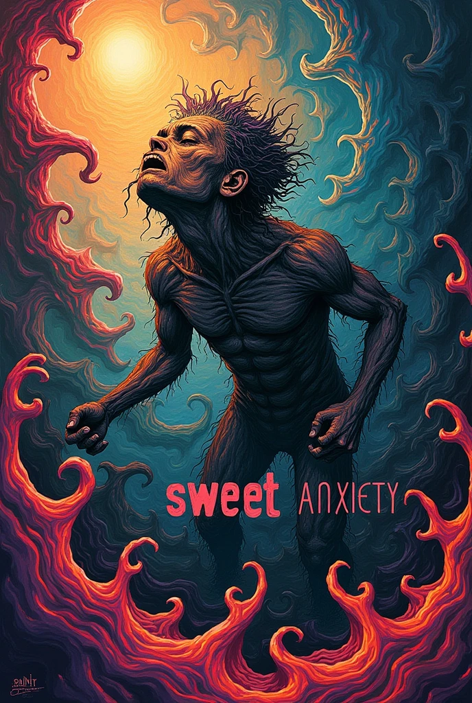 A representation of anxiety, with background fractals, psychedelic colors and the writing "Sweet anxiety"