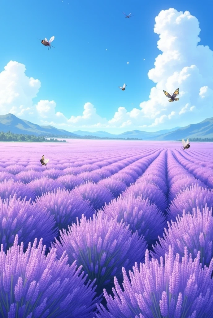 Envision a vast field of lavender, stretching as far as the eye can see. The air is filled with the sweet fragrance of the lavender flowers, attracting bees and butterflies. A gentle breeze ripples through the field, creating a sea of purple waves. The sky is clear and blue, providing a stunning backdrop to this idyllic scene. Anime style