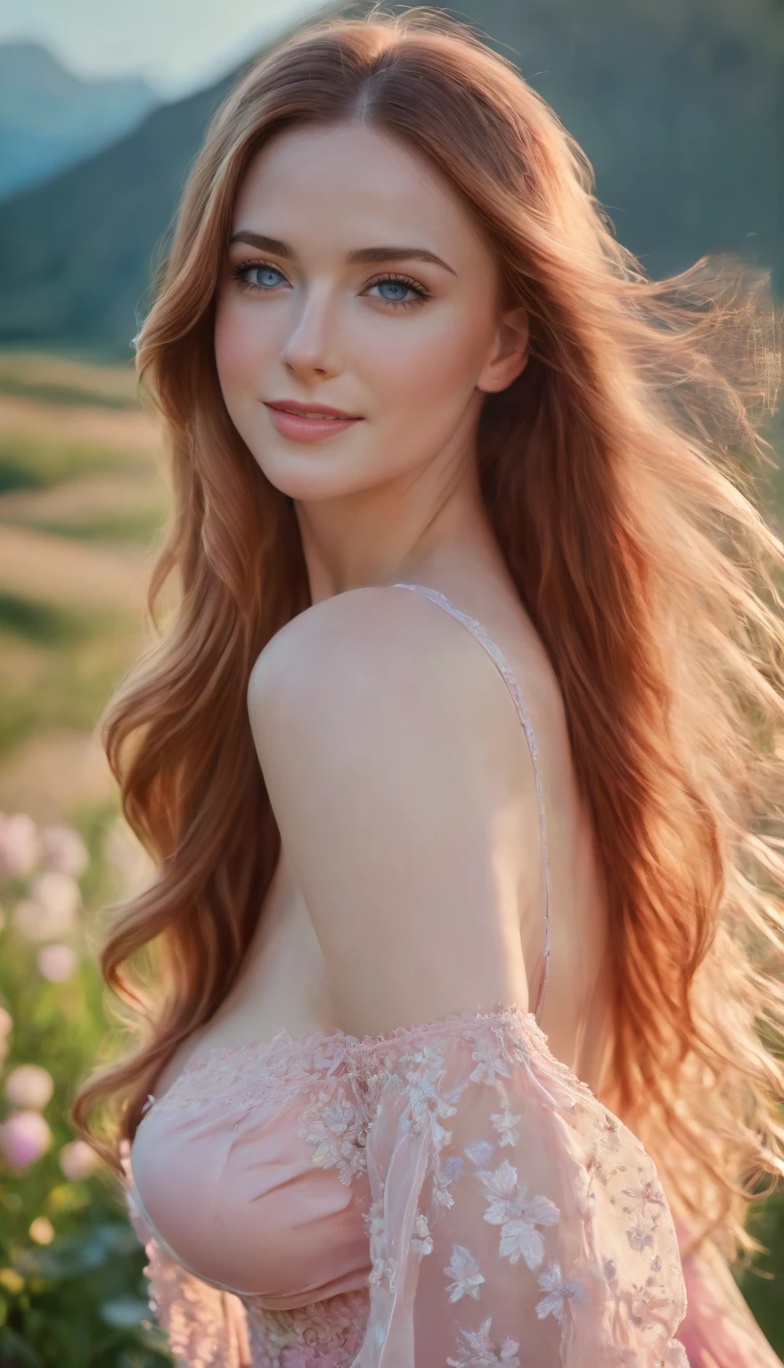(high quality,4k,8k,highres,masterpiece:1.2),ultra-detailed,(realistic,photorealistic,photo-realistic:1.37),portrait,beautiful detailed face,flowing long red hair,stunning blue eyes,rosy cheeks,full pink lips,perfectly arched eyebrows,natural makeup,curved lashes,delicate facial features,graceful feminine appearance,sunlit garden background,warm golden light,blooming flowers,vibrant colors,soft pastel tones,detailed clothing,ethereal pink dress,flowing fabric,delicate lace trim,accentuated feminine curves,large boobs,gentle breeze,radiant smile,confident posture,feminine charm,subtle elegance,vivid blue sky,whispering grass