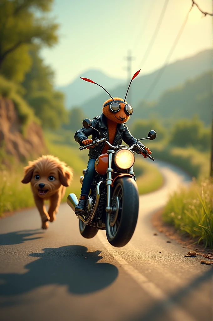 Ant riding a motorcycle has an accident with a dog