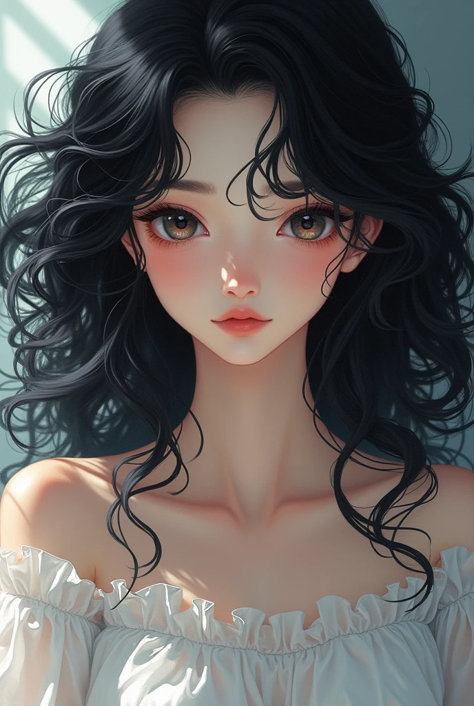 oversized white kimono, off shoulder, extremely long hair, black hair, shining grey eyes, neutral expression, no bangs, forehead, Lock of hair in the middle of the face, lips, big chest