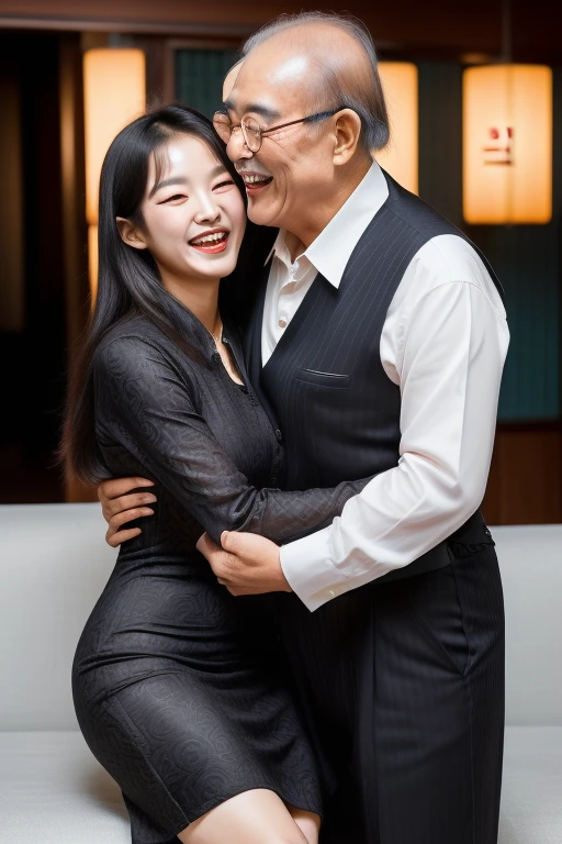 (((70 years old korean ugly man and 1 korean young girl couple having a deep kiss))), {1 korean girl, 20-year-old, strikingly beautiful, black hair, big breasts, delicate facial features, red lips, expressive eyes, brightly smile, eyes hook the soul seduces you, sitting on the sofa, in the shavy and dark karaoke, neon, ((girl wearing collared white shirt and the pink bow tie and pink pencil skirt)), (silver tiara, earrings)}, (((70 years old korean man wearing business suit))), (((((70 years old korean man hug on young girl's chest and laughing)))), (young girl kiss old man), focus on 70 years old korean man,
