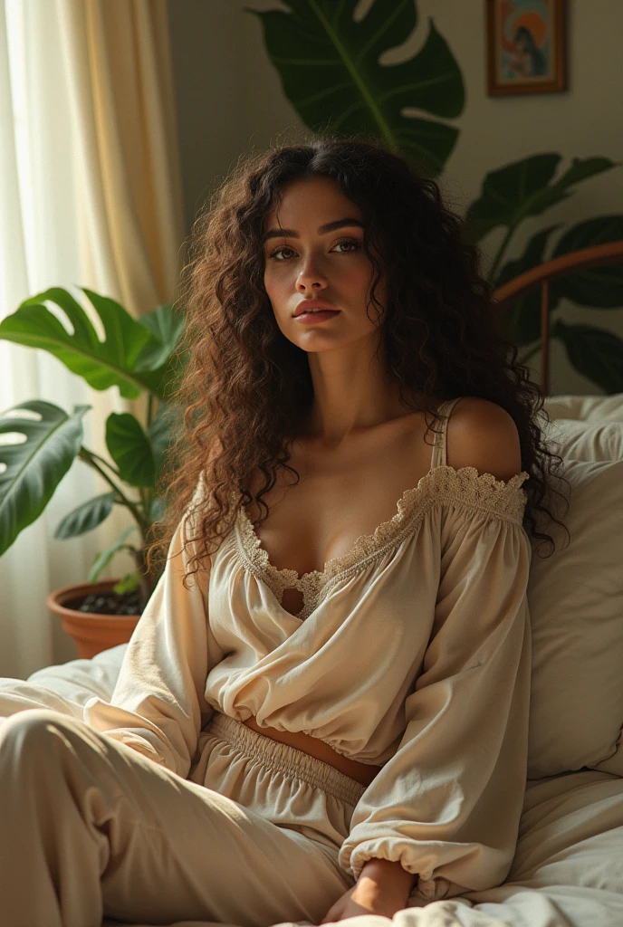(photoréalisme:1.2), Belle femme, assis sur le lit, porter un haut ample à épaules dénudées, pantalon de pyjama, longs cheveux bouclés, à l'intérieur, plantes en arrière-plan, chambre confortable, pose détendue, Réaliste, détails complexes, Couleurs chaudes, par Greg Rutkowski, Par Alphonse Mucha