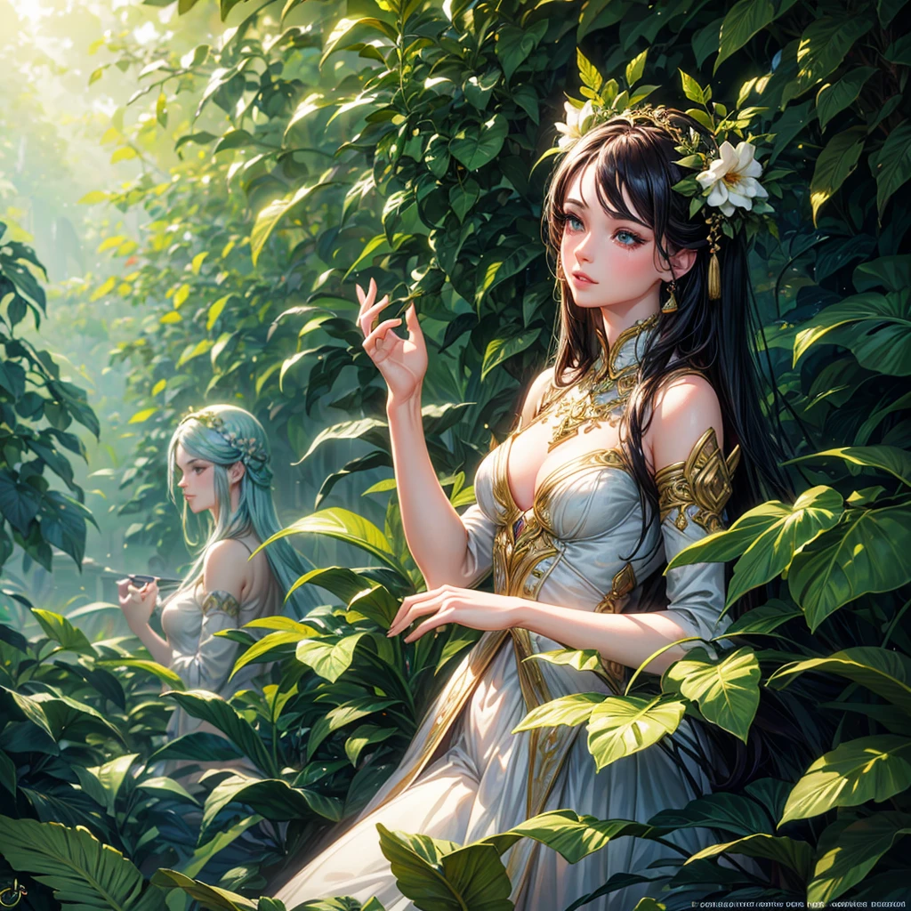 a girl in a lush garden, beautiful detailed eyes, beautiful detailed lips, extremely detailed eyes and face, long eyelashes, elegant pose, sunlit, vibrant colors, cinematic lighting, 8K, detailed painting, concept art, photorealistic, award winning