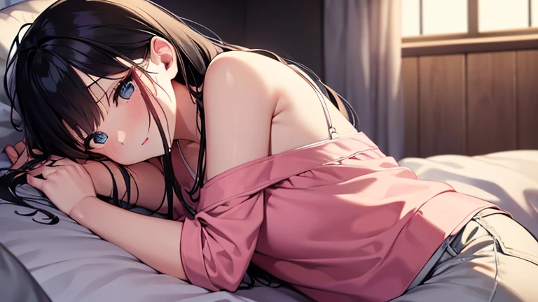 best quality, masterpiece, emilie_t8, off shoulder,Pink camisole、Short pants、Embarrassed、painful流し目、A room bathed in pale moonlight、Woman Lying On Bed、Long Hair、cute、Black Hair、One Woman、painful、背中向けてWoman Lying On Bed。
