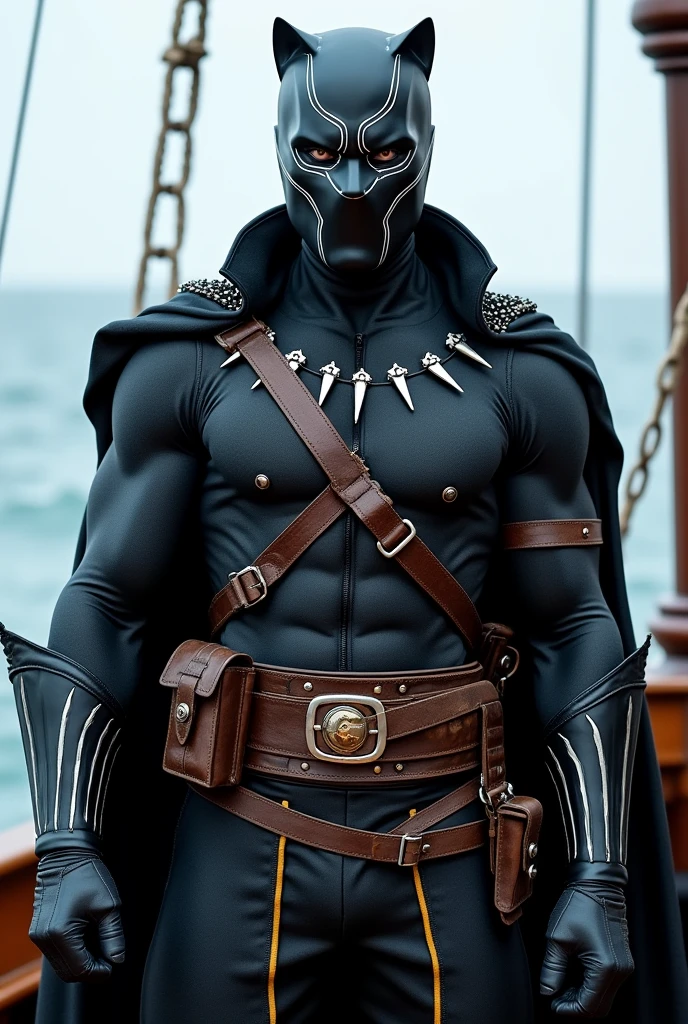 full body superhero marvel black panther pirate costume, standing on the boat
