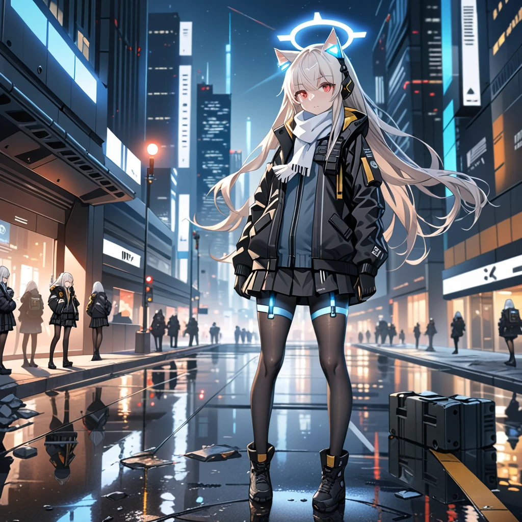 masterpiece, highest quality, highest resolution, clear_image, detailed details, white hair, long hair, 1 girl, cat ears, red eyes, futuristic halo, girls Frontline ump45 jacket (blue), white scarf (around the neck withn a light blue glow), black pantyhose, full body, no water marks, city