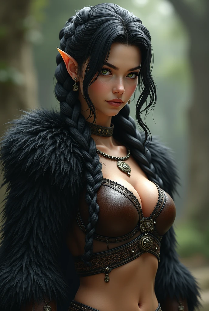 A pretty woman, short stature, with lush, almost black in color, hair, which he braids tightly, thick braid. dressed in leather armor. 
slim, prominent chest. 
green eyes, Cunning, even with a hint of mischief.
Her skin is light, in places covered with soft, dark, smooth fur