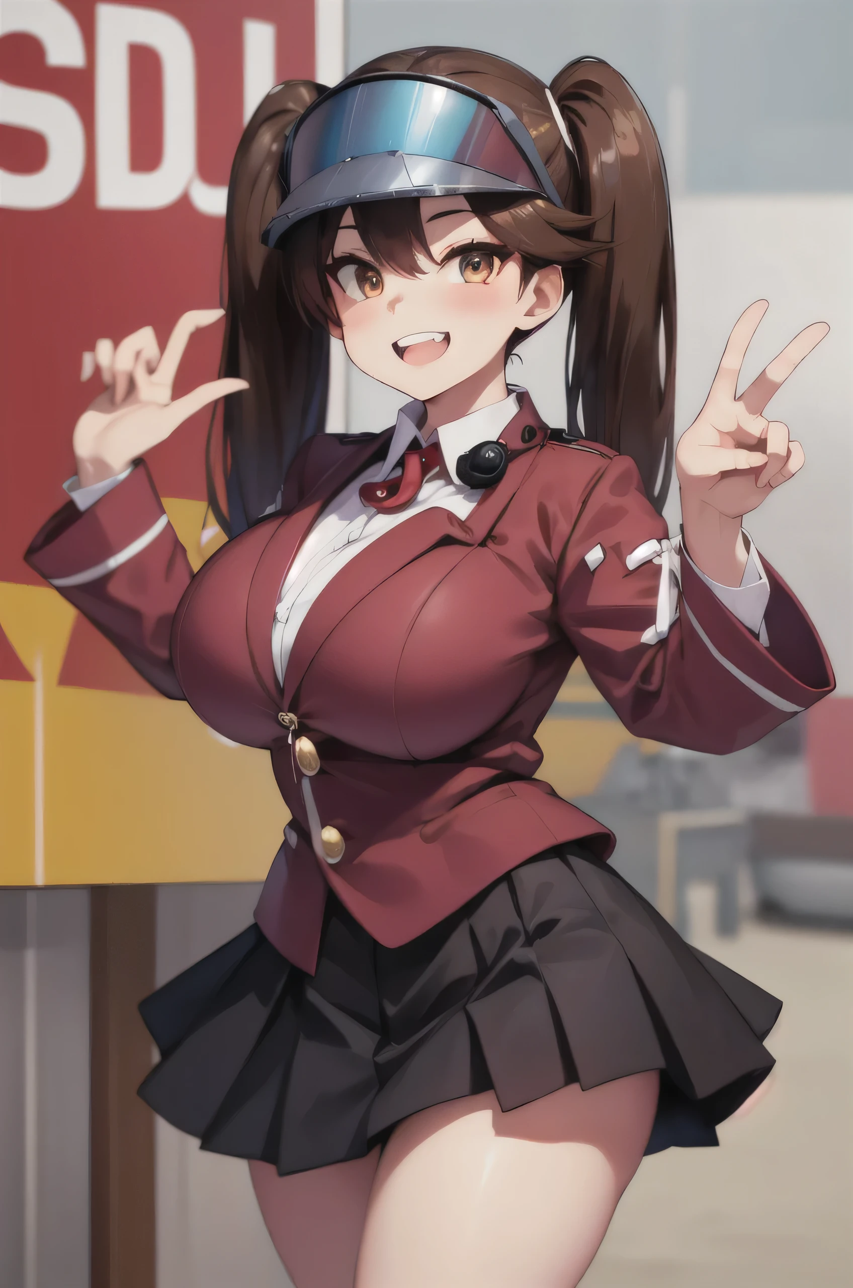 Highest quality, masterpiece, High resolution, alone, {Ryujo_Fleet Collection:1.15}, brown_hair, Twin tails, brown_eye, mag de ama, visor_cap, His posts, length_hair, smile, Open_mouth, One person, Japanese_Clothes, Red Jacket Scroll, shikigami, skirt, Grin, pleed_skirt,(Huge breasts:1.4)