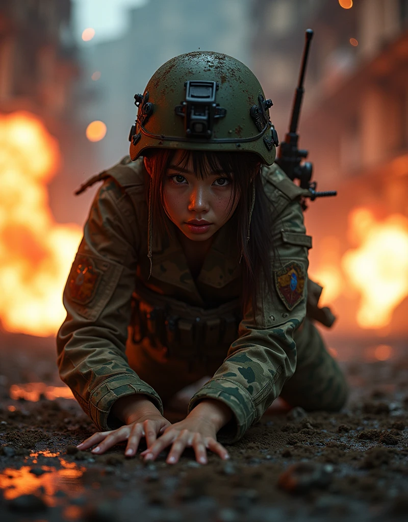 Photo-realistic, ultra-realistic, (very beautiful Japanese, famous Japanese idol:1.3), (Fully equipped for battle:1.5), large assault rifle on her back, (amazing view of multiple explosions:1), (painful impressions, crying:1.3), (wearing an army soldier's Camouflage outfits with military helmet:1.5), (Crawling at a battle field of Abandoned Building at night), very large breasts, (tactical vest, military harness:1.3), (military long boots:1), dynamic angle, spectacular, (injured:1.3), (muddied, damaged wears, damaged body:1.3),