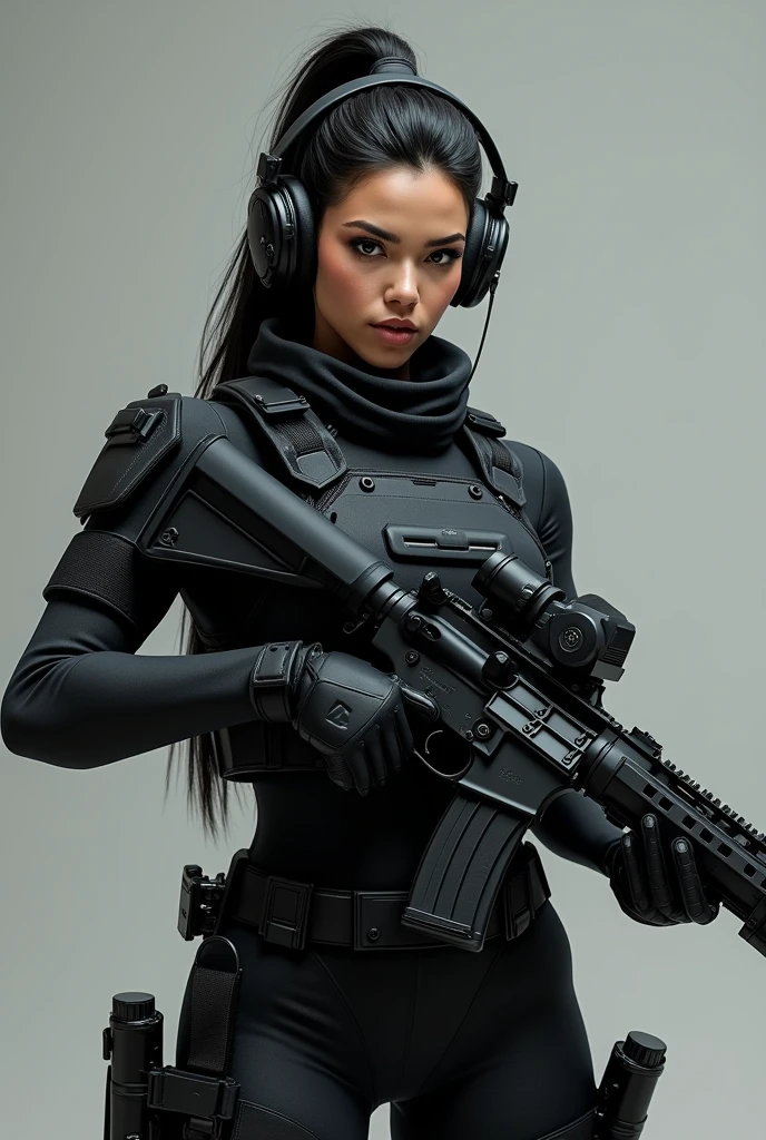 a woman in a black outfit holding a rifle and wearing headphones, soldier girl, big ass, deep cleavage, mechanized soldier girl, military girl, beautiful female soldier, female lead character, infantry girl, of a sniper girl in war, solo female character, future combat gear, close up half body shot, quiet from metal gear solid v, wearing tactical gear, dressed in tactical armor