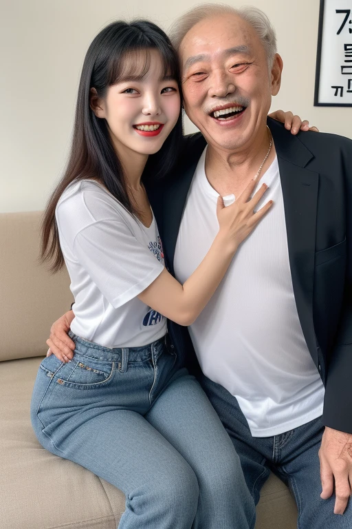 (((70 years old korean ugly man and 1 korean young girl couple))), {1 korean girl, 20-year-old, strikingly beautiful, black hair, big breasts, delicate facial features, red lips, expressive eyes, brightly smile, eyes hook the soul seduces you, sitting on the sofa, ((girl wearing white T-shirt with "Korea Army" letter and short jeans ))}, (((70 years old korean man wearing business suit))), (((((70 years old korean man hug on young girl's chest and laughing)))), (young girl kiss old man), focus on 70 years old korean man, in the dark karaoke roomsalon, neon,
