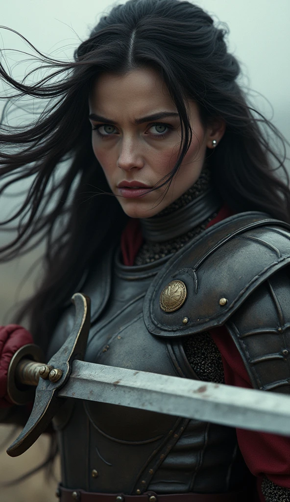 arafed woman in armor with sword and shield in a scene, jamie alexander as lady sif, furious dark haired women, film still from 'thor',marvel movie, of a beautiful female knight, , anime style, hair blown by the wind, long strands of hair on the face