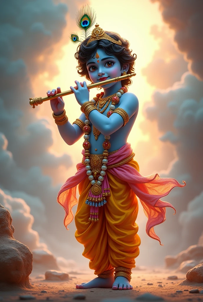 Generate a full-body image of Lord Krishna standing. He should have a cute face resembling Lord Jagannath, holding a flute in his hand. He should be wearing a beautiful garland around his neck, with a peacock feather on his forehead. Make sure his attire is very elegant and divine