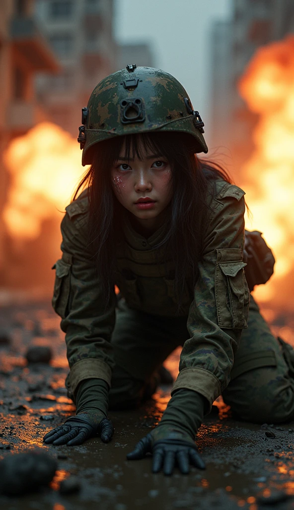 Photo-realistic, ultra-realistic, (very beautiful Japanese, famous Japanese idol:1.3), (Fully equipped for battle:1.5), large assault rifle on her back, (amazing view of multiple explosions:1), (painful impressions, crying:1.3), (wearing an army soldier's Camouflage outfits with military helmet:1.5), (Crawling at a battle field of Abandoned Building at night), very large breasts, (tactical vest, military harness:1.3), (military long boots:1), dynamic angle, spectacular, (injured:1.3), (muddied, damaged wears, damaged body:1.3),