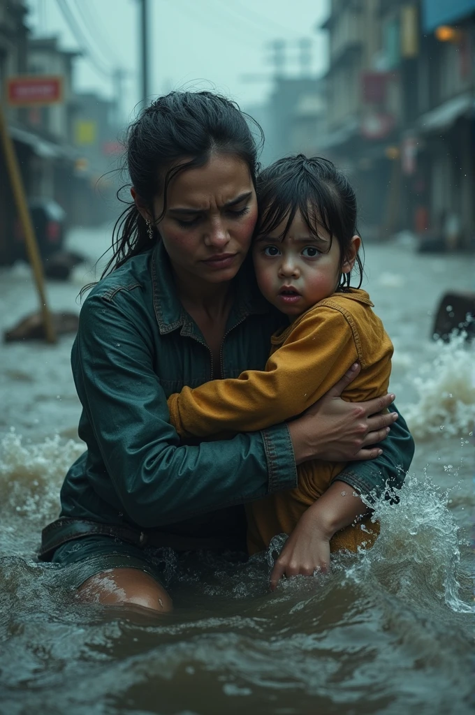 Poor mother with a child, drowned to the neck in severe flood water in a village, silently crying for help