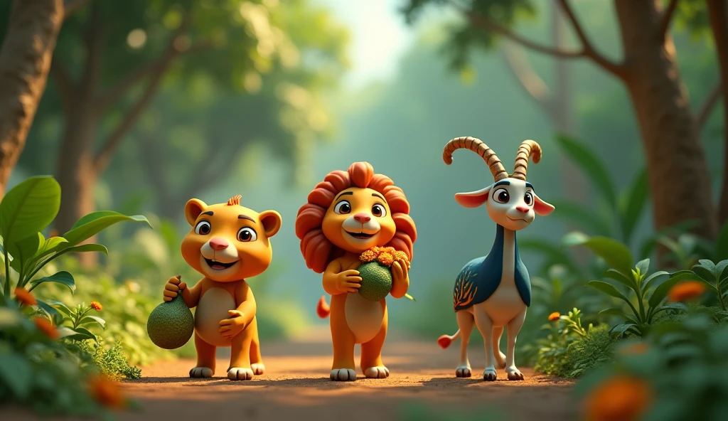 In 3d animation images in this story. સિંહ ફળ લઈને આવી રહ્યો છે, મોર ફૂલોનો ગચ્છ લઇ રહ્યો છે, અને બકરી ઔષધિ સાથે આવી રહી છે. ત્રણેય પ્રાણીઓ હાથીની સારવાર માટે એકત્ર થવા જંગલની પેઠે ચાલી રહ્યા છે"