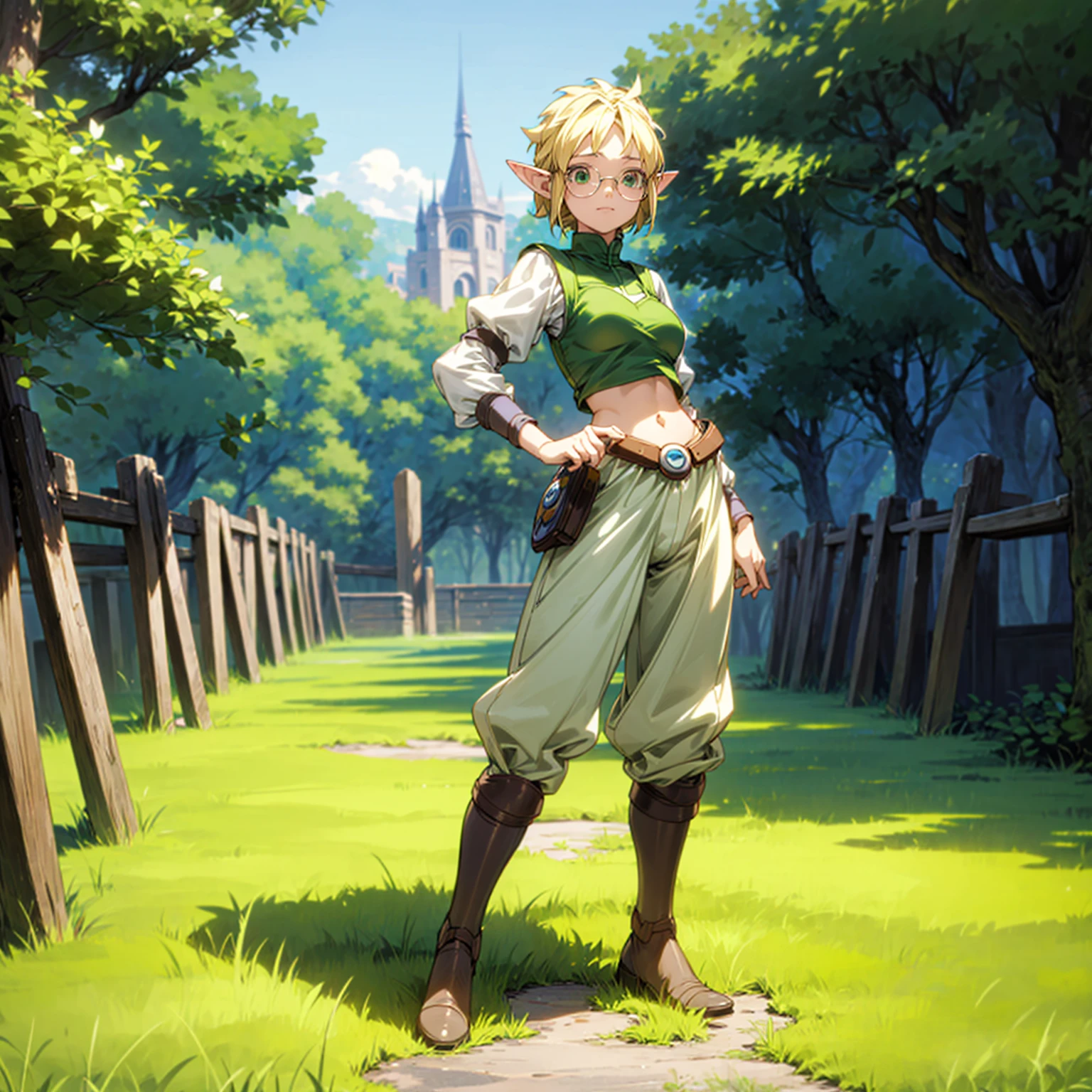 Solo character, full body version, young girl, (elf), green eyes, blonde color hair, short hair, white crop top clothing, brown pants, shoes, outdoor, town, medieval, standing gesture, detailed background, detailed clothing, detailed hair, (Hunter x Hunter style art, Doraemon style art), happy, glasses, medium breast 