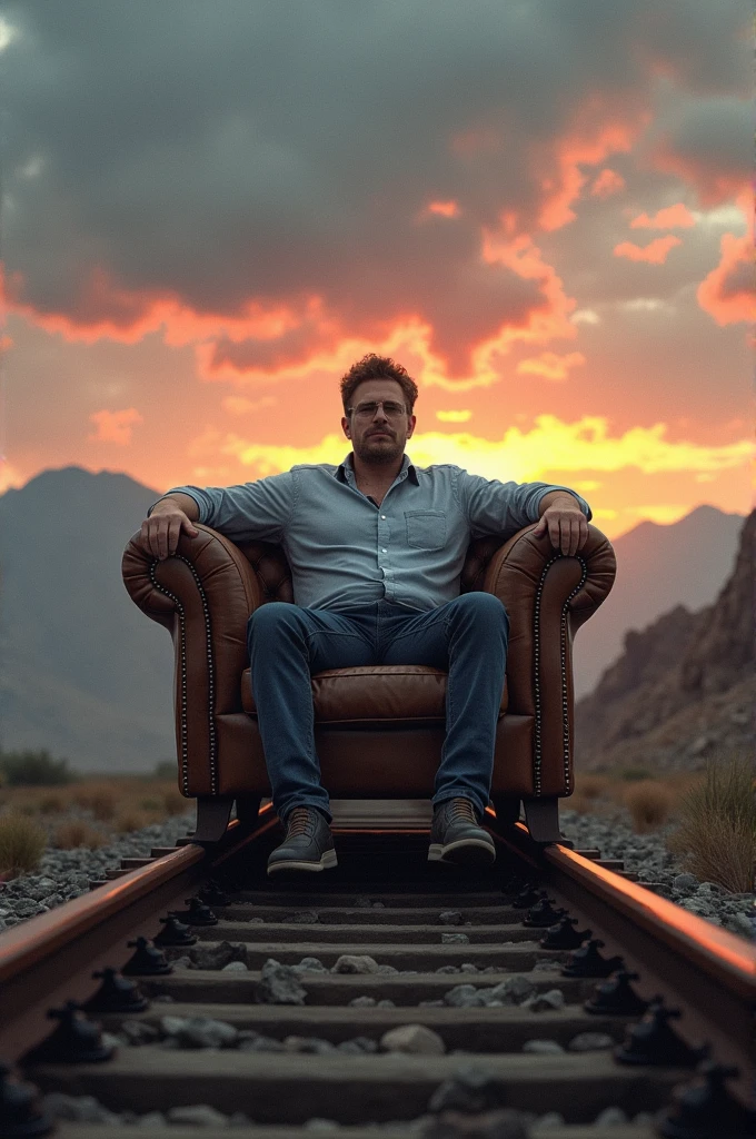 Man sitting on sofa kept on train roof
