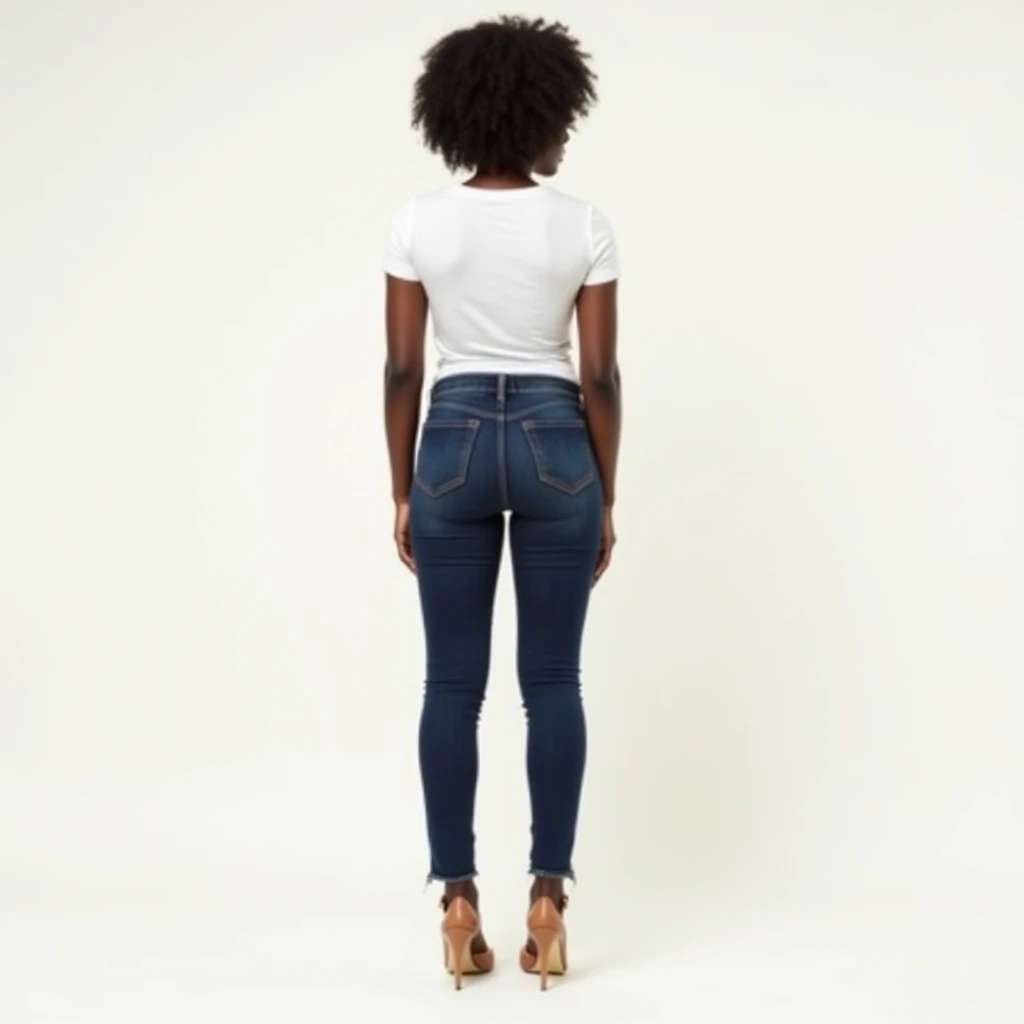 image captured with a Sony α7 III camera, full body shot, an narrow waist, slightly wide hips, and a full bust. The proportions are highly stylized, with a sharp contrast between the tiny waist and the expansive curves of the hips and chest,, young black woman early 20's, straight cut jeans in Dark Blue color, fitted tee in white color, light brown high heels, natural realistic, creamy white background standing straight in front of the camera.