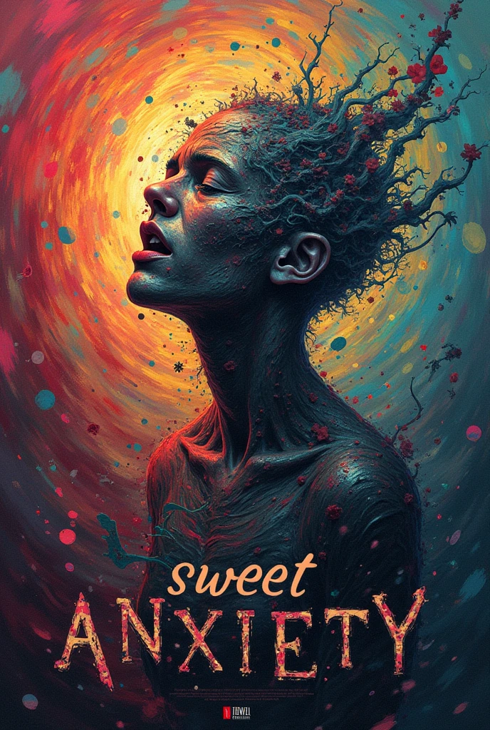 A representation of anxiety, with background fractals, psychedelic colors and the writing "Sweet anxiety"