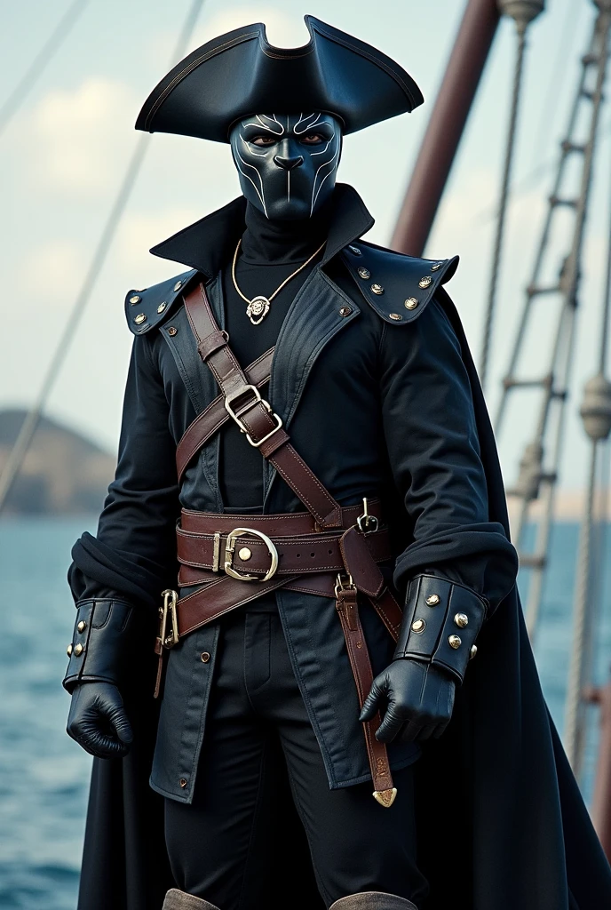 full body superhero marvel black panther pirate costume, pirate hat standing on boat
