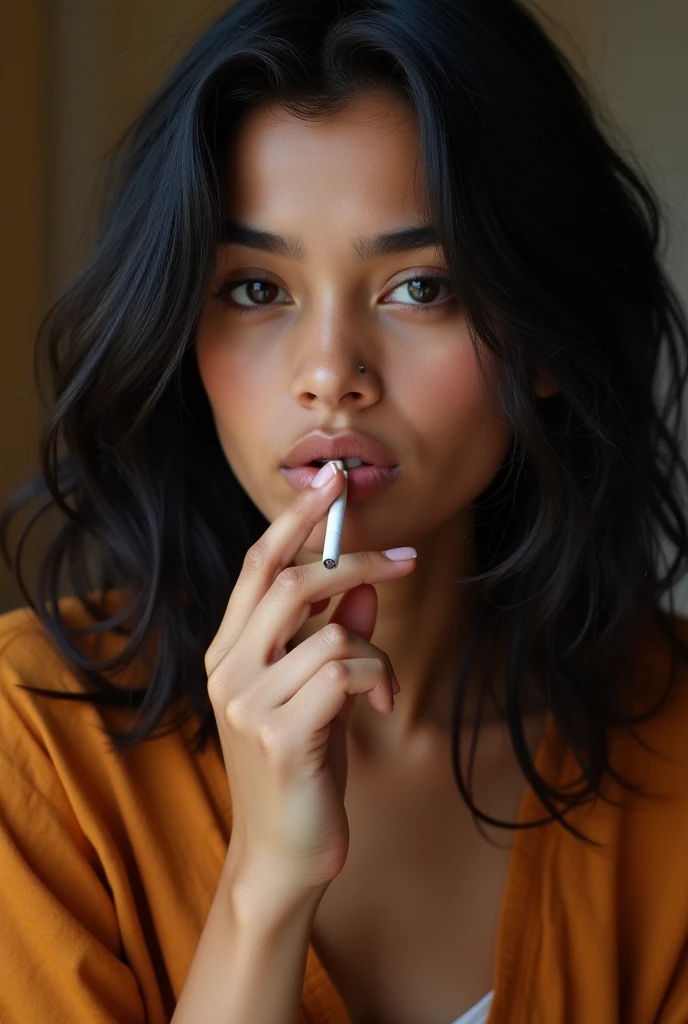 Black hair girl in hand cigarette she is
his age 6 she is Indian she is colour fair