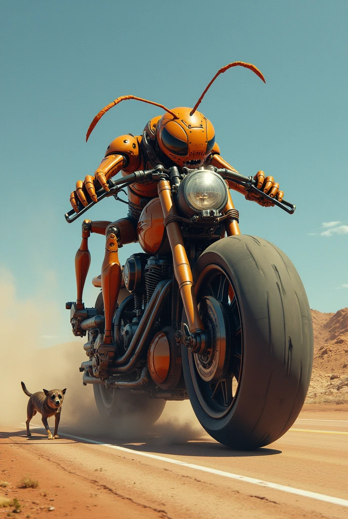 Ant riding a motorcycle runs over a dog
