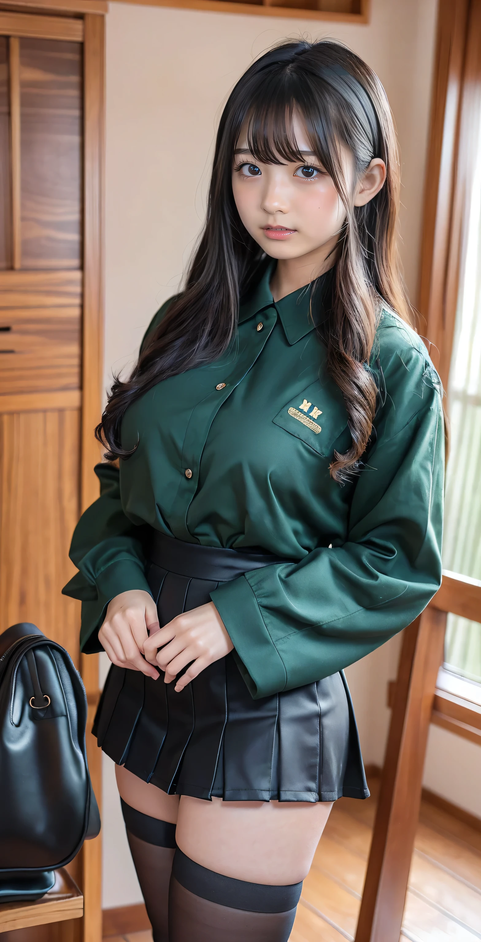 Great quality, 16K, (RAW Photos:1.4), High resolution, ((Composition away from the subject)), ((Full body photo from face to ankles)), ((Perfect Anatomy)), (((2 women))) 24-years-old, (Please take a picture from the front.), First Person View, Wide-angle, 超High resolution, Anatomically correct, Super Detail, (8k), (Highest quality: 1.5), Very detailed, Golden Ratio, (Two tall Japanese college students), 24-years-old, (H Cup Big:1.7), Very large breasts bigger than a face, Cleavage, (Two Sisters), (Full body photo), Large build, ((A dark green shirt with ribbon and a tight black miniskirt)), Detailed skin, Glowing Skin, Baby Face, Japanese, sakimichan, Jaeyoung Nam, Kim Tae-jun, double eyelid, eyes with long eyelashes, Small face, Three Sisters, (Full body photo), (Super cute face), A little smile, Black Hair, Long Hair, hair band, Glare, Frowning, Frowning, Frowning, Overlooking here, (((Extremely accurate Japanese school classroom)))Please stand in the center of, Stretch your back, bright,black tights, (Sexy black tights), Brown high heels, Full Body Shot, Beautiful Hairstyles, Accentuates very wide legs,(Very cute face, Overlooking here, Keep your hands on your hips, Stand with your feet shoulder-width apart), Simple uniforms, The sisters are wearing the same., Long sleeve uniform, ((thick and long legs)), (Very wide thighs:1.6), (Very long legs:1.4), (I always wear black tights), (The tight mini skirt is a plain black, Very short), (Oily shiny black tights) , (Wearing high heels), (Very wide thighs), (plump legs), (They always wear black tights.),The sisters are wearing the same clothes, She is wearing a white shirt with a red ribbon and a tight black miniskirt., Street Snap, Full Body Shot of a woman wearing a micro mini skirt and black tights,(The skirt is very short), (Very long legs), (Very wide thighs), (plump legs), (She always wears black tights.), (Oily shiny black tights), (Wearing high heels),