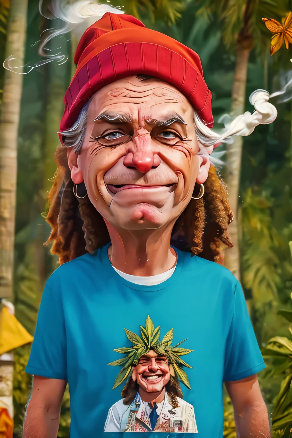 A (((caricature))) of a bolsonaro a old man ((smoking a white cigarette)) , exaggerated features with a large nose and big Red eyes, happy, long and exaggerated dreadlocks, wearing a colorful beanie, relaxed and laid-back expression, smoke swirling around him in artistic patterns, vibrant and warm colors, tropical background with palm trees, cartoon style, highly detailed, chill and carefree tone, dynamic pose, expressive eyes, (masterpiece: 2), best quality, ultra highres, original, extremely detailed, perfect lighting. (( psychodelic weed background)).
