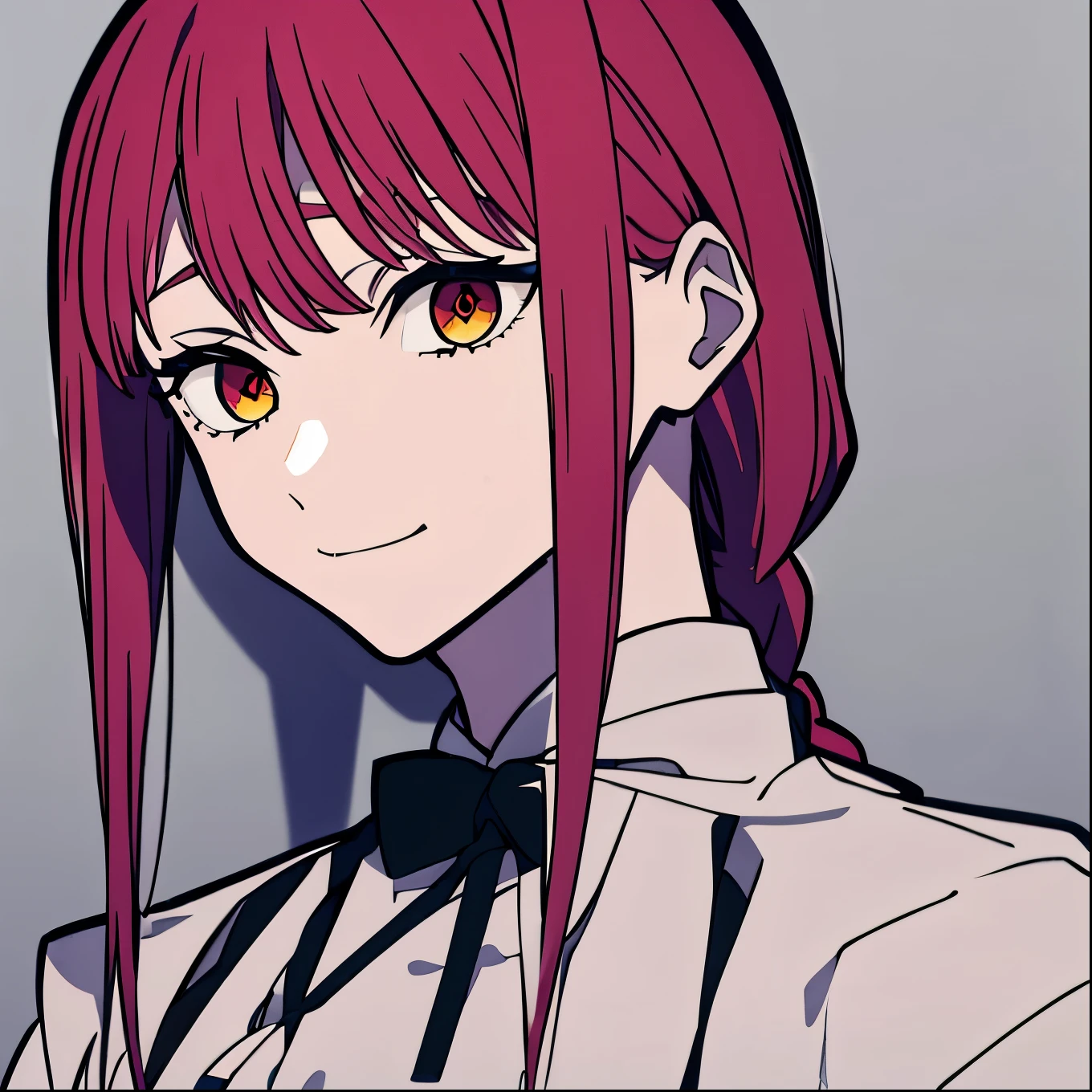 Makima、Facing forward、Upper Body、Red hair、Orange Eyes、Big Eyes、Delicate eyes、back braid、White clothes、Black tie、smile、masterpiece、Highest quality、Perfect Face、Chain-studded background、Dark Background、Highest quality、最高masterpiece、Beautiful Faces、Perfect Face立ち、Cute Face