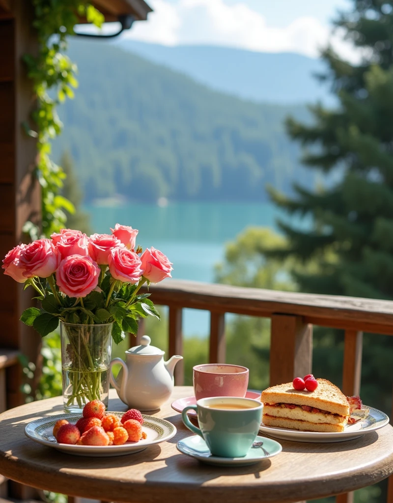 Summer cozy outdoor terrace, Roses on the table,cozy cabin, Stunning views of the lake from above, Very delicious breakfast, Tee