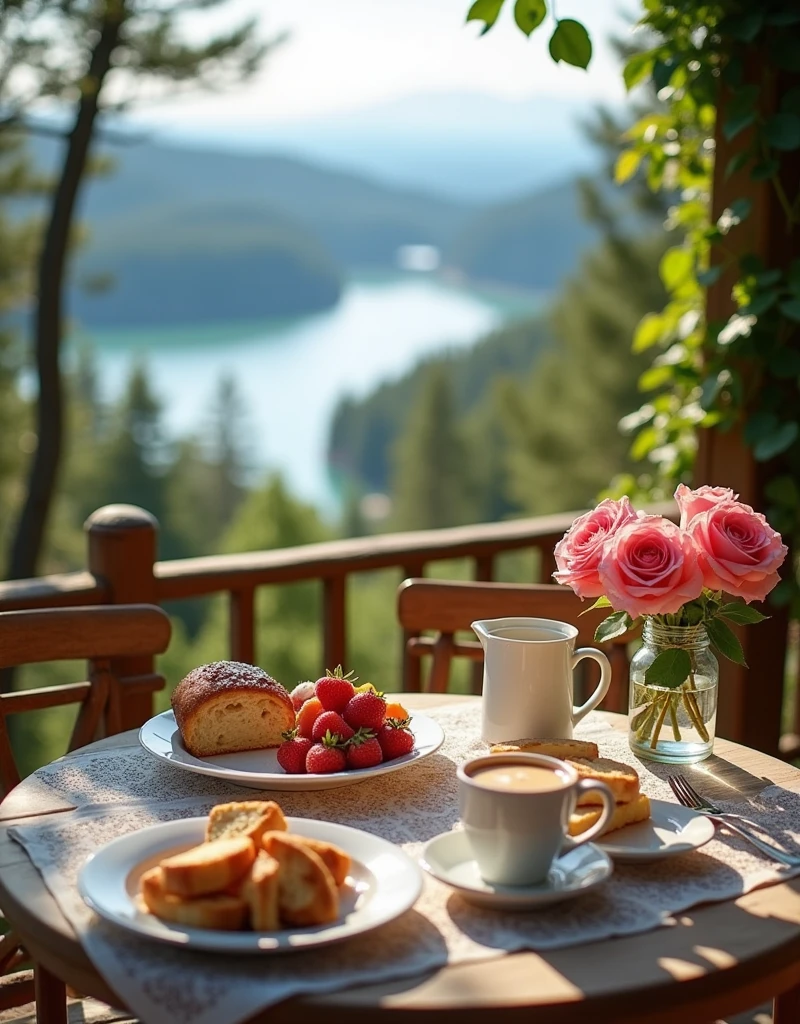 Summer cozy outdoor terrace, Roses on the table,cozy cabin, Stunning views of the lake from above, Very delicious breakfast, Tee