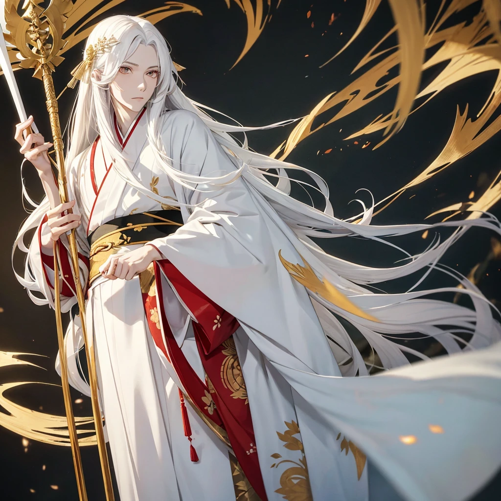 Tall boy, with long white hair, very white skin and golden eyes, dressed in a kimono and with a spear