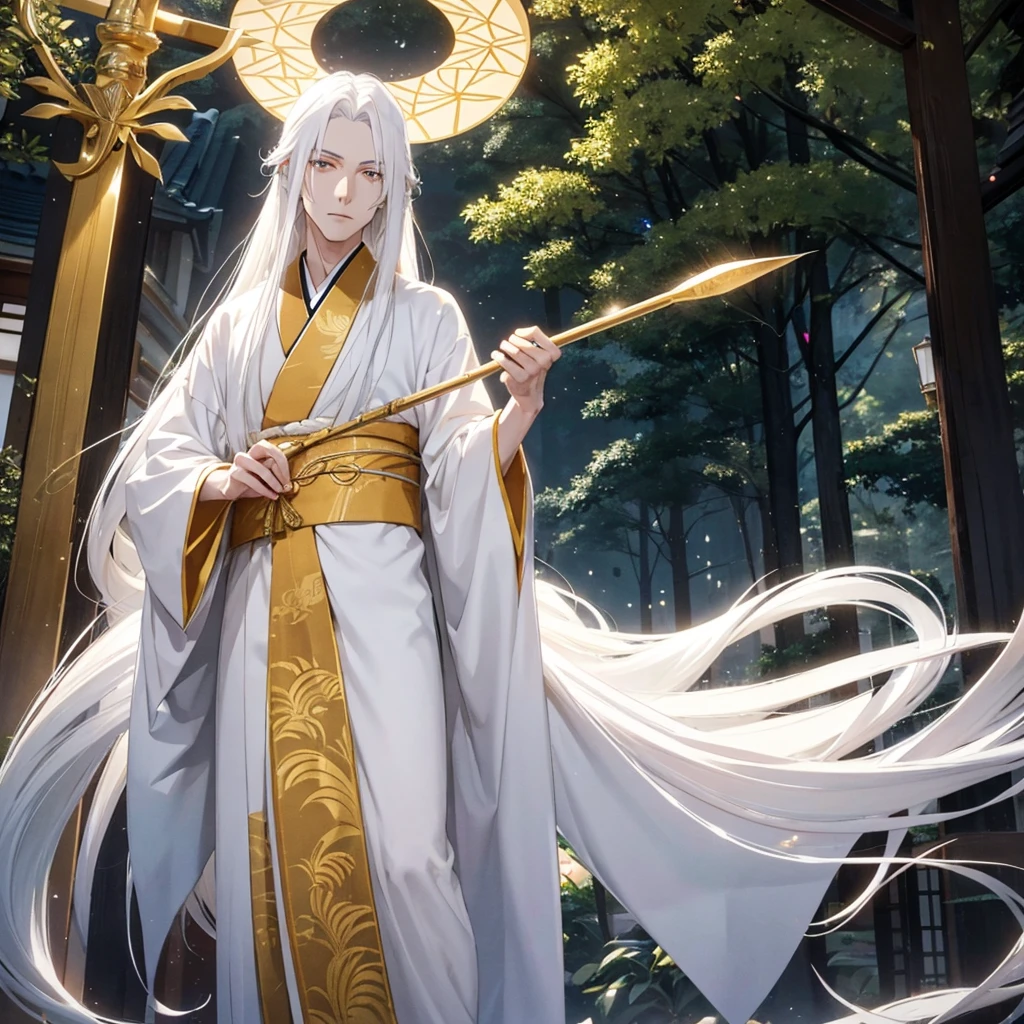 Tall boy, with long white hair, very white skin and golden eyes, dressed in a kimono and with a spear