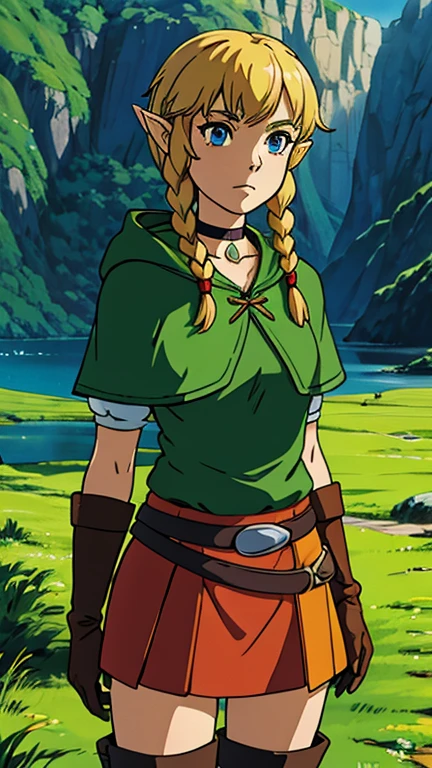 (1girl, solo, linkle), (extremely detailed CG unit 8k wallpaper),(master part), (best quality), (ultra detail), (best illustration),(ghibli style), cowboy shot, (Sharp eyeliner, ombre, detailed eyes:1), oasis, outdoors background, ,break,  (GHIBLI_Background), upper body, twin braids, green capelet, hood, leather gloves, skirt, thigh boots, choker, belt 