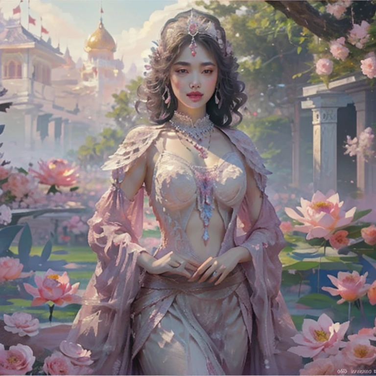 a close up of a woman in a sexy transparent white gold low-cut lace armor cleavage big breasts with a lotus flower in her hand, head jewelry, violet necklace, jade belt , toned abs, a beautiful fantasy empress, ((a beautiful fantasy empress)), beautiful celestial mage, beautiful character painting, full body xianxia, portrait knights of zodiac girl, by Yang J, g liulian art style, fantasy art style, foreshortening