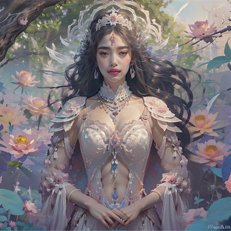 a close up of a woman in a sexy transparent white gold low-cut lace armor cleavage big breasts with a lotus flower in her hand, head jewelry, violet necklace, jade belt , toned abs, a beautiful fantasy empress, ((a beautiful fantasy empress)), beautiful celestial mage, beautiful character painting, full body xianxia, portrait knights of zodiac girl, by Yang J, g liulian art style, fantasy art style, foreshortening