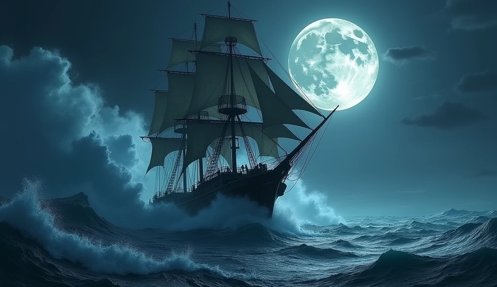 A ship in sea big waves in night show moon in sky