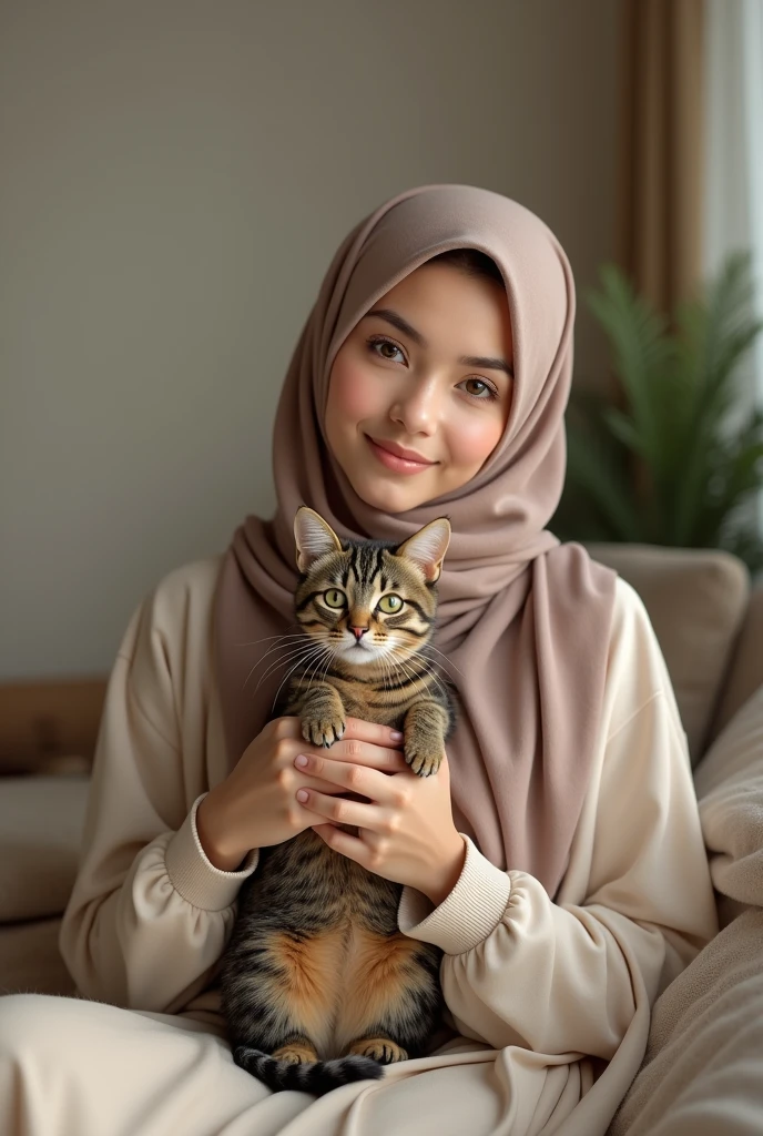 Photorealism cute hijab girl with a cute tabby cat