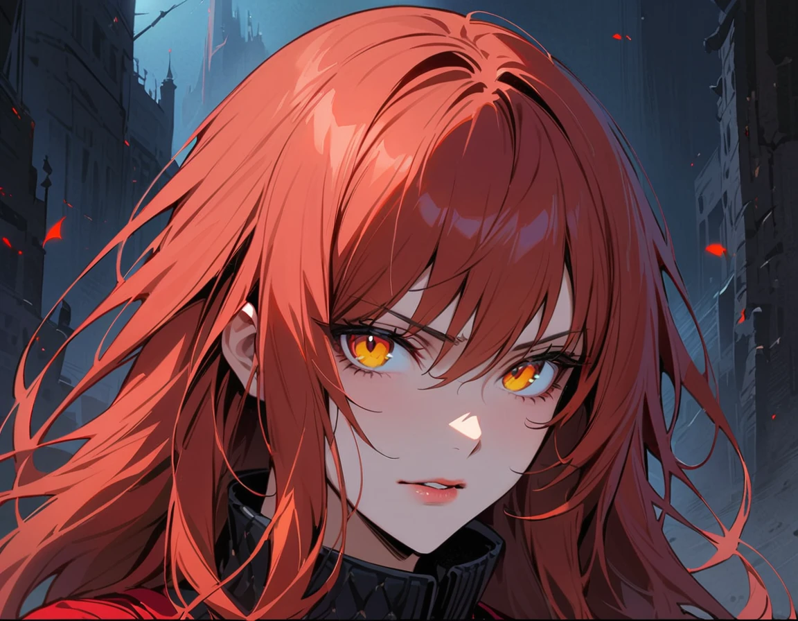 Long red hair, yellow eyes, evil, sexy, black and red clothes, tied hair, cute hairstyle, evil face, evil, serious look, gloss lips, sit, sinister, front look, bloody, gloves, close up, portrait, beautiful eyes, short dress, big white, dark place, night, sensual, straigh hair cut, clear skin, evil, young 30 years girl, adult girl, solo, red, very long hair, HAIR DOWN, ANKLE LENGTH HAIR, FIERCE EXPRESSION, villain, handsome older WOMAN,crimson-eyes,crimson pupils,Long CRIMSONhair,Hyperresolution,accuracy,Detailed rendering,(Subtle facial image)(Image of fine hair)(topquality)(Masterpieces of masters)(High degree of completeness)(A sense of atmosphere)tmasterpiece,Super detailed and super detailed(portrait))(((Mature woman))) (((Villain))) (((Older female)))