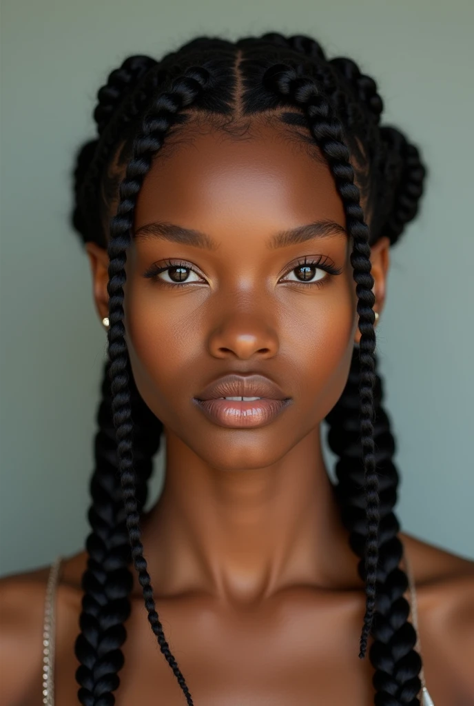 A 20 year old woman with brown skin, black eyes and braided hair faces the camera.