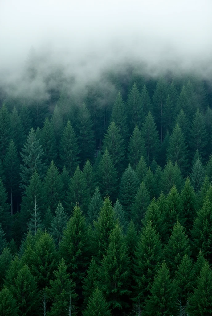 Vertical, high-resolution photograph of a dense forest. The layout features a multitude of tall evergreen trees, primarily conifers, with varying shades of green. The trees are closely packed, creating a lush and dense canopy. The upper part of the image is shrouded in a thick layer of mist or fog, adding a mysterious and serene atmosphere to the scene. The fog gradually dissipates as it descends, revealing more details of the trees. There are no people, text, or logos present in the image. The overall mood is tranquil and natural, emphasizing the beauty and majesty of the forest.