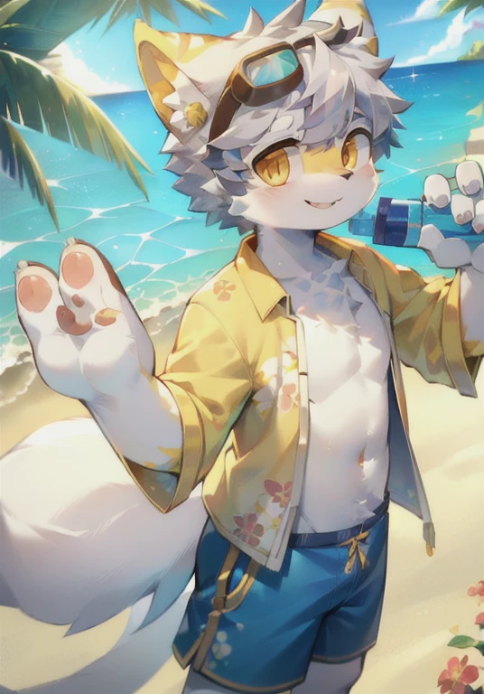 White male cat，boy，cute，Q version，Goggles，Big furry tail，Hairy pads，，Golden Eyes，，Detailed background，On the beach，Wear a bandana，Open floral shirt，Blue floral shorts，sunny，seaside，Water gun in hand，Smile happily，Silver hair