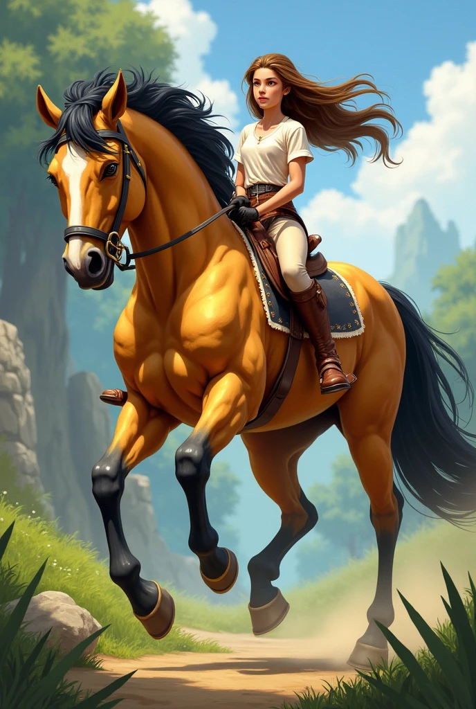A beautiful strong gold horse with a white blaze and black maine anf tail a  girl without a saddle with brown hair and riding boots sits on him without saddle