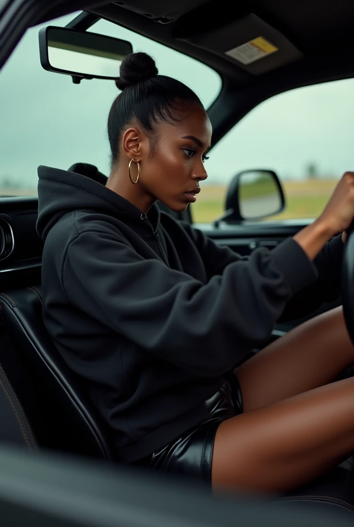 Black woman hair in a bun black hoodie black leather short shorts in the car driving Camera angle in the floor looking up at her legs behind the steering wheel