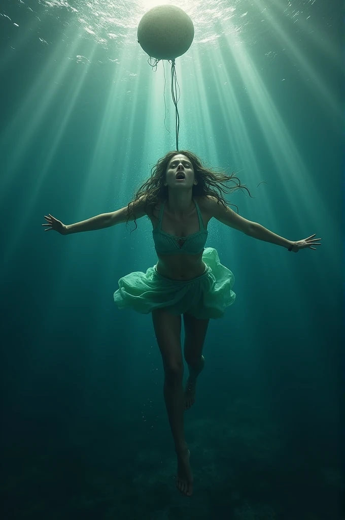 A young woman is desperately trying to swim to the surface of the sea. Her face is just breaking the surface as she gasps for air. Her arms are outstretched, reaching upwards. Below the surface, her legs are bound with thick thread tied to a heavy stone, pulling her downward. The water around her is clear but deep, with light streaming from above, creating a sense of urgency and struggle."
