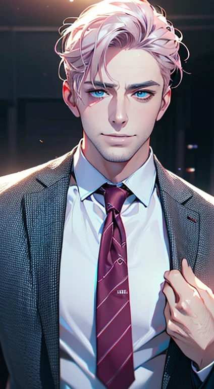 (best quality,4k,8k,highres,masterpiece:1.2),ultra-detailed,(realistic,photorealistic,photo-realistic:1.37),1 man,3,mature man,very handsome,without expression,smile,short grey pink hair,blue eyes,penetrating gaze,perfect face without errors,imposing posture,businessman,office background,cinematic lighting,hdr image